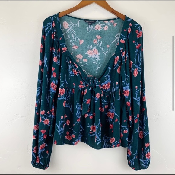 American Eagle Peasant Floral Tie Knot Blouse L - Picture 4 of 5